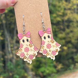 Laser Engraved Ghost and Floral Wood Earrings